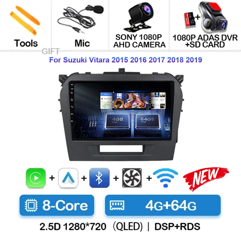 

Android 15 Carplay Автомобильный радиоприемник для Suzuki Vitara 2015-2019 Навигация GPS Мультимедийный плеер Стерео Wi-Fi + 4G Авто DSP BT 360 Камера