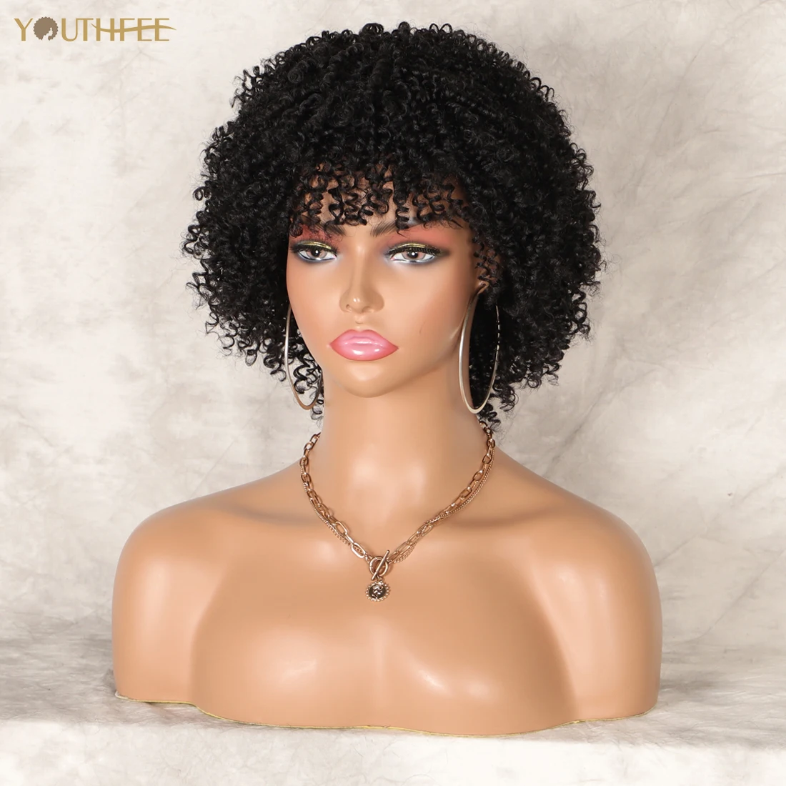 

Youthfee Afro Kinky Curly Full Wigs With Bangs For Black Women 6 Inches Short Bob Curly Synthetic Machine Wigs