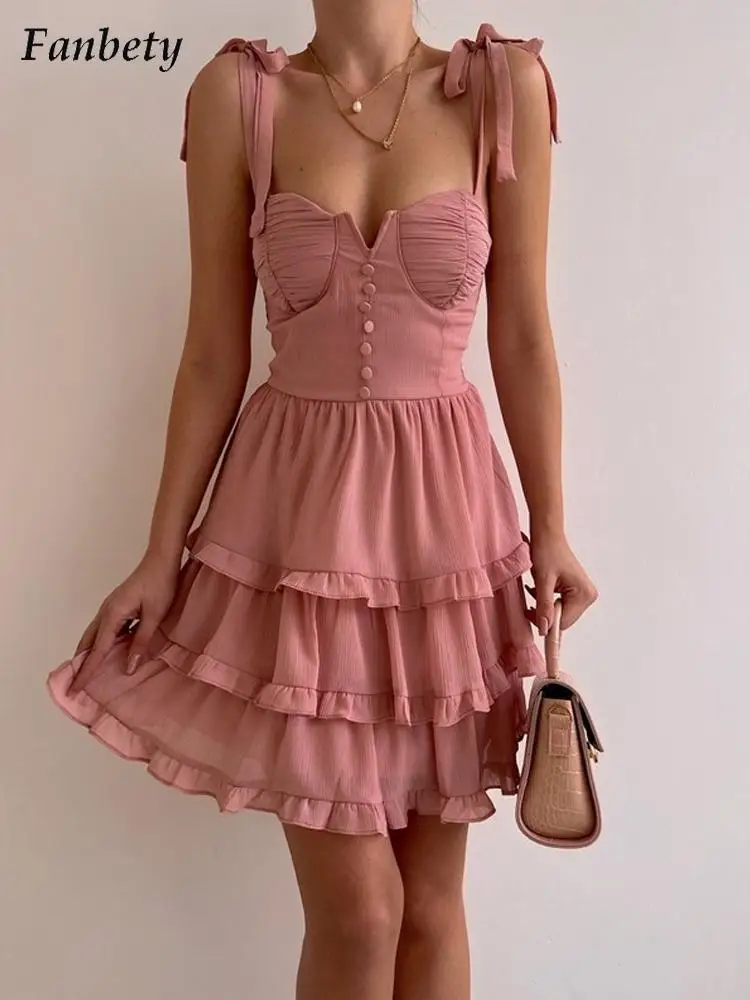 

Women Sexy Strapless Tie-up Bow Party Dresses Summer Casual Buttoned Pleated Ruffle Dress Ladies Fashion Backless Dress Vestido