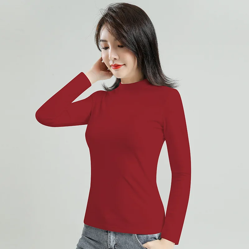 

2021 NEW FASHION WOMEN Spring and autumn thin high-neck T-sleeve solid color cotton top