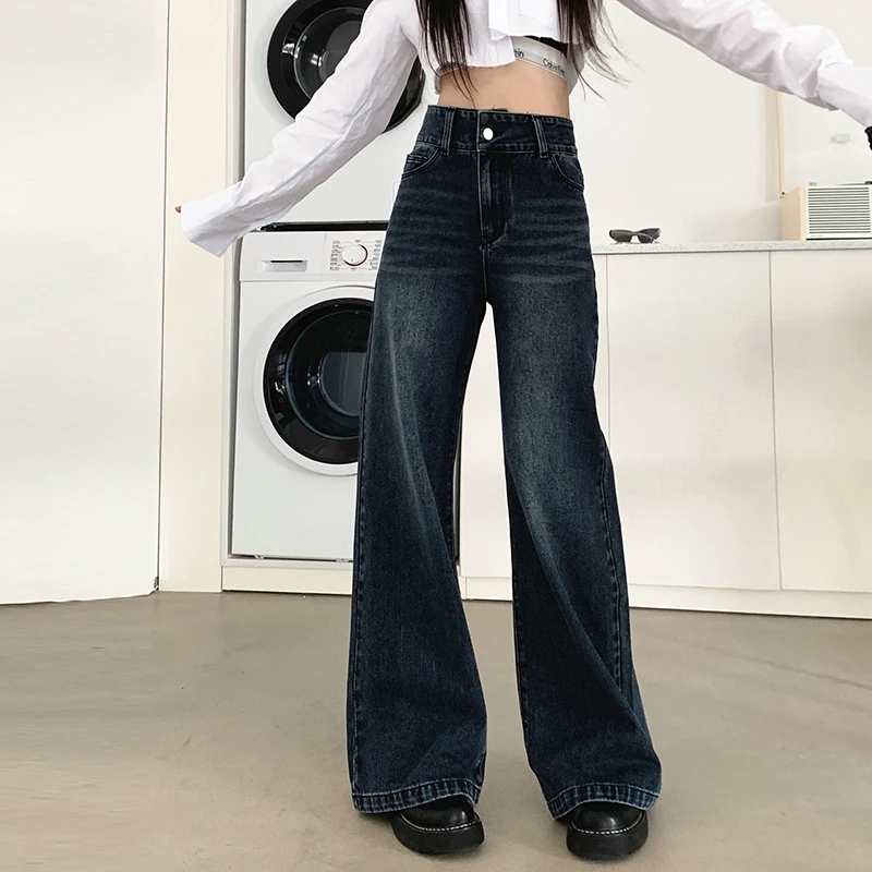 American Retro Micro Flared Jeans Women New Streetwear High Waist Loose Wide Leg Pants Fashion Straight Baggy Trousers