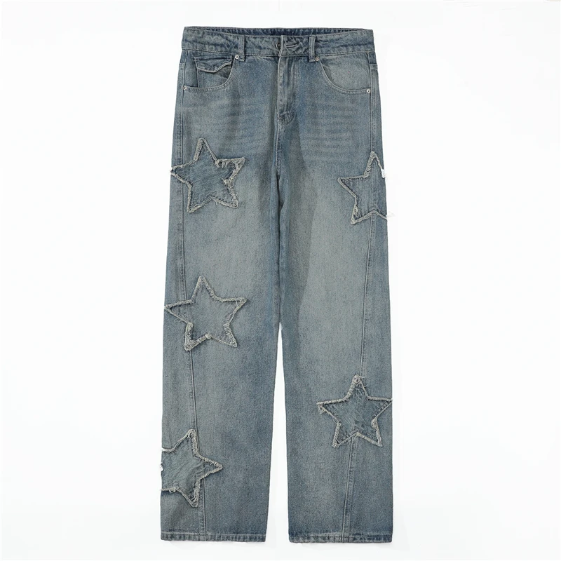 Street Retro Hip-hop Five-pointed Star Cloth Embroidered Jeans Men's and Women's Loose Straight Trousers Ins Men Clothing JEANS