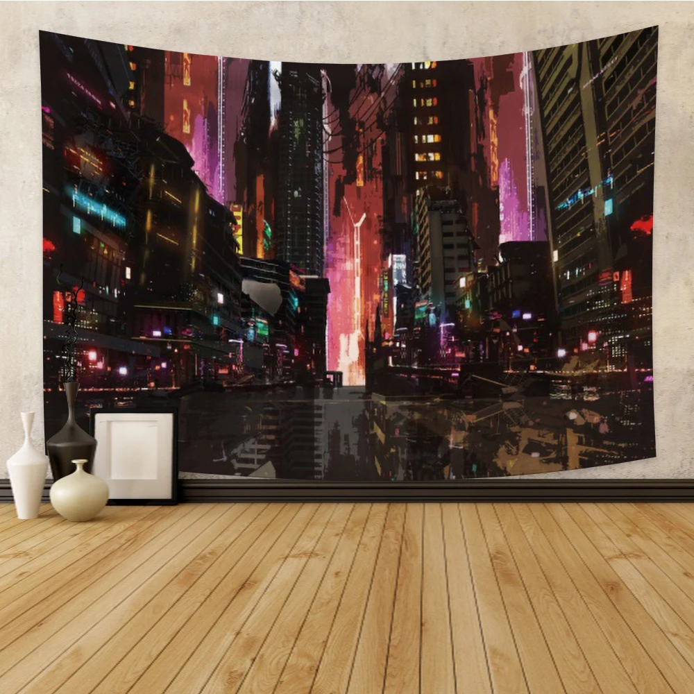 

Laeacco Psychedelic City Night Street Landscape Wall Hanging Hippie Bohemian Bedroom Home Decoration Yoga Mattress Sheet
