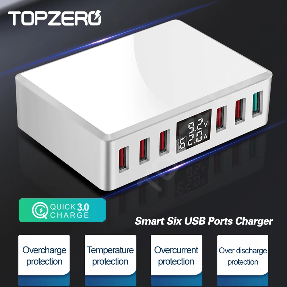 

6 Ports USB Charger Station 40W LCD Display Fast Charger For iPhone 12 X 11 Pro Xiaomi Quick Charge 3.0 USB Charger Hub Adapter