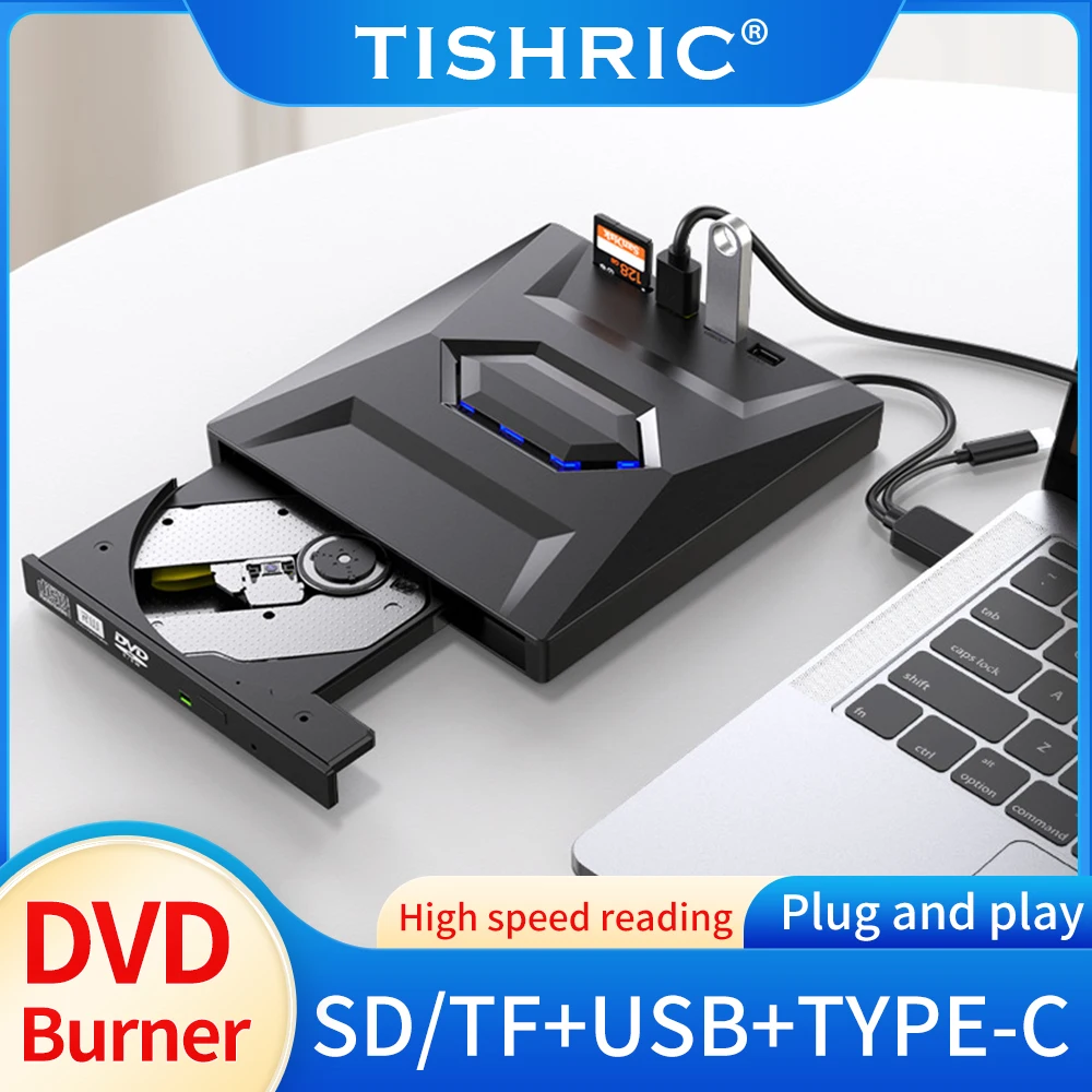 

TISHRIC USB 2.0/3.0Type C External CD Drive DVD RW Drive Burner Reader Player With USB Port SD/TF Card Slots For Notebook Laptop