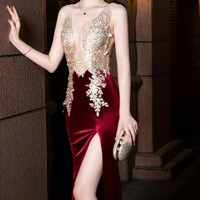 illusion mesh appliques velvet evening dresses long elegant women celebrity banquet lowcut nightclub sexy long dress female 2022