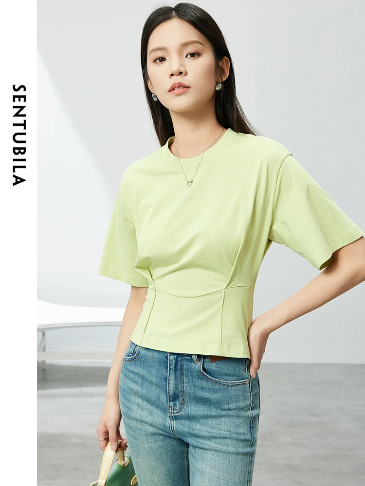SENTUBILA однотонная хлопковая футболка с круглым вырезом повседневные тонкие