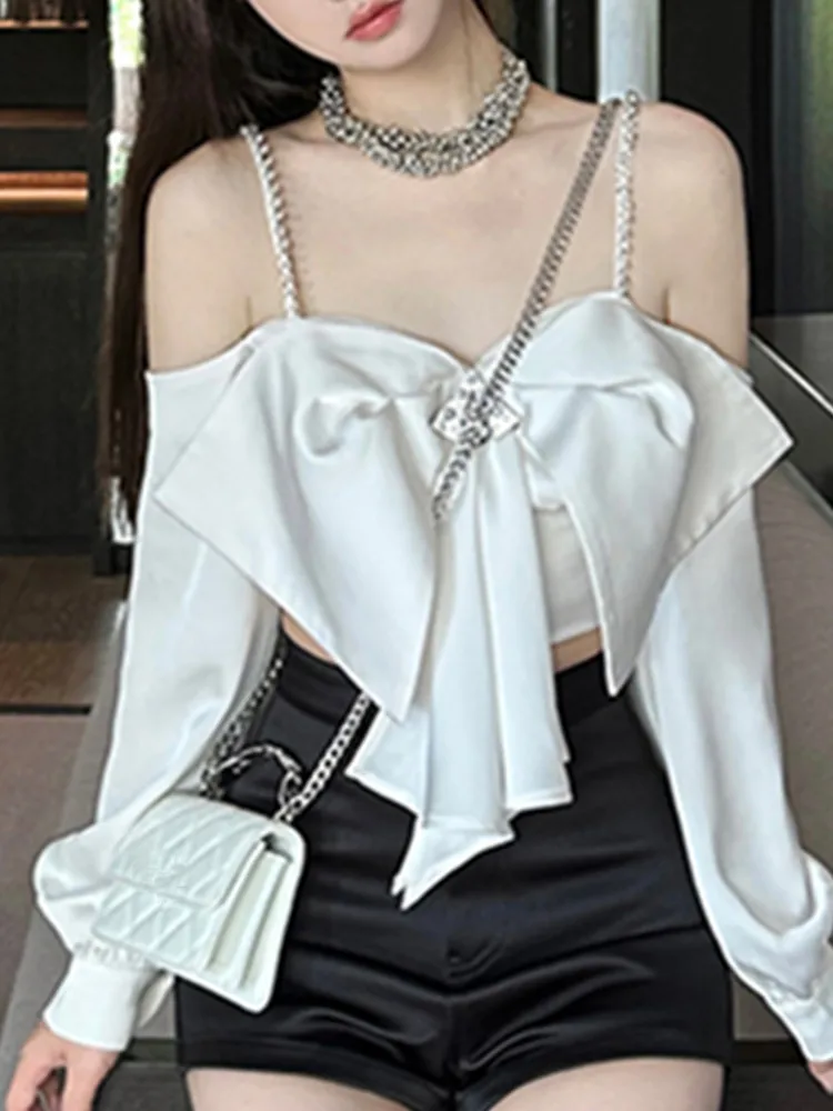 

SMTHMA White Diamonds Sexy Spaghetti Strap Vest Women's Long Sleeve New Big Bow External Wearing Small Strap Top