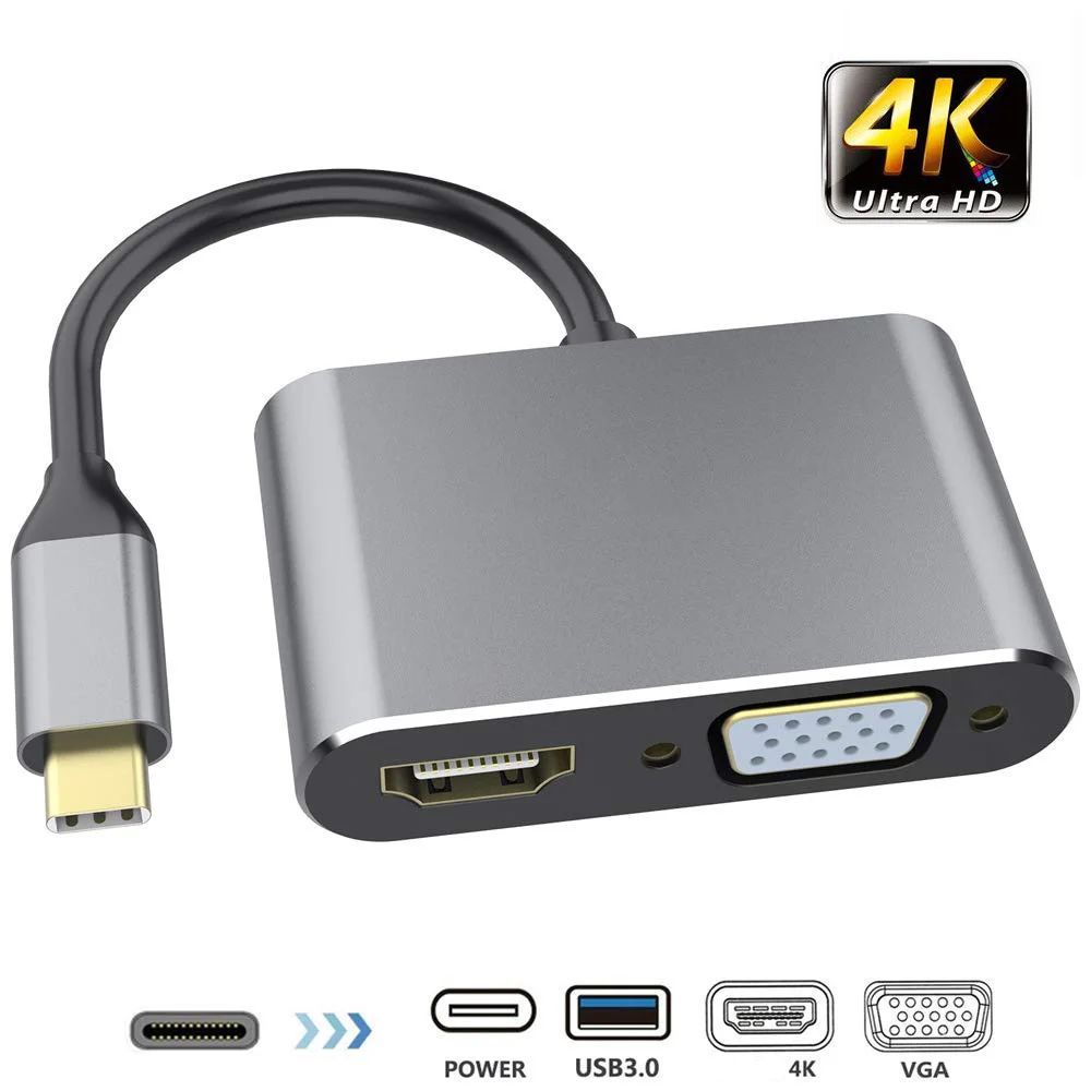 

USB3.0 концентратор, 4K 30 Гц HD Конверсионный кабель, Тип c в HDMI-совместимый VGA четырехв-1 Конверсионный кабель