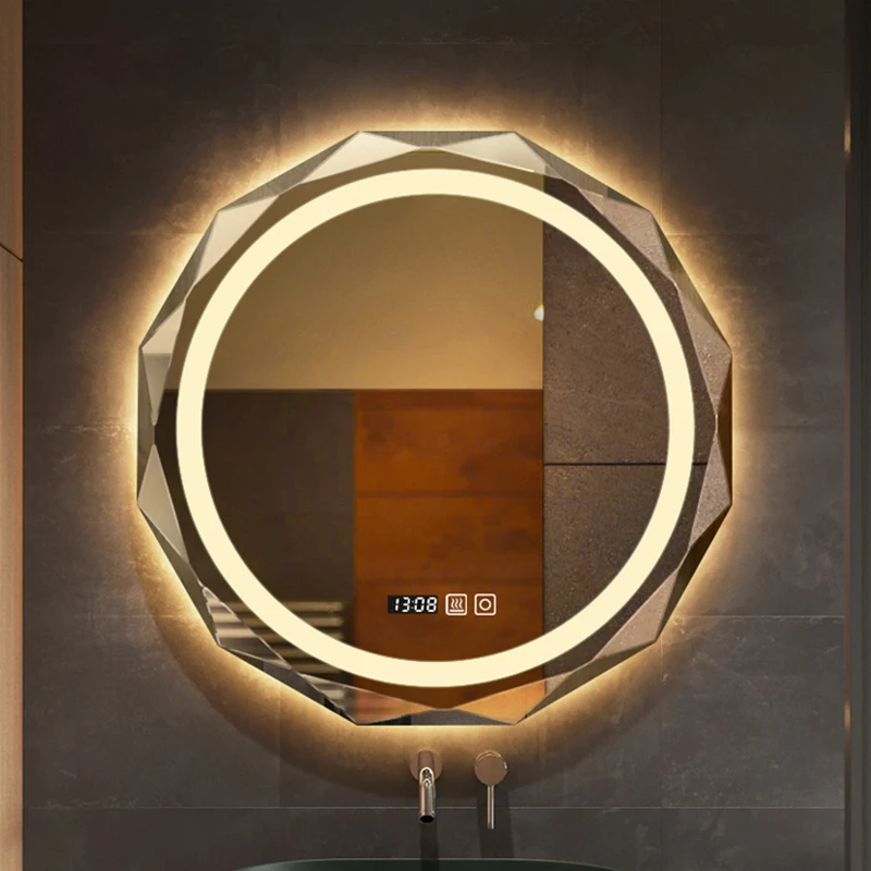 

Modern Bathroom Mirror Wall Sticker Led Hanger Shower Round Vanity Mirror Makeup Full Body Spiegel Toilet Household Items