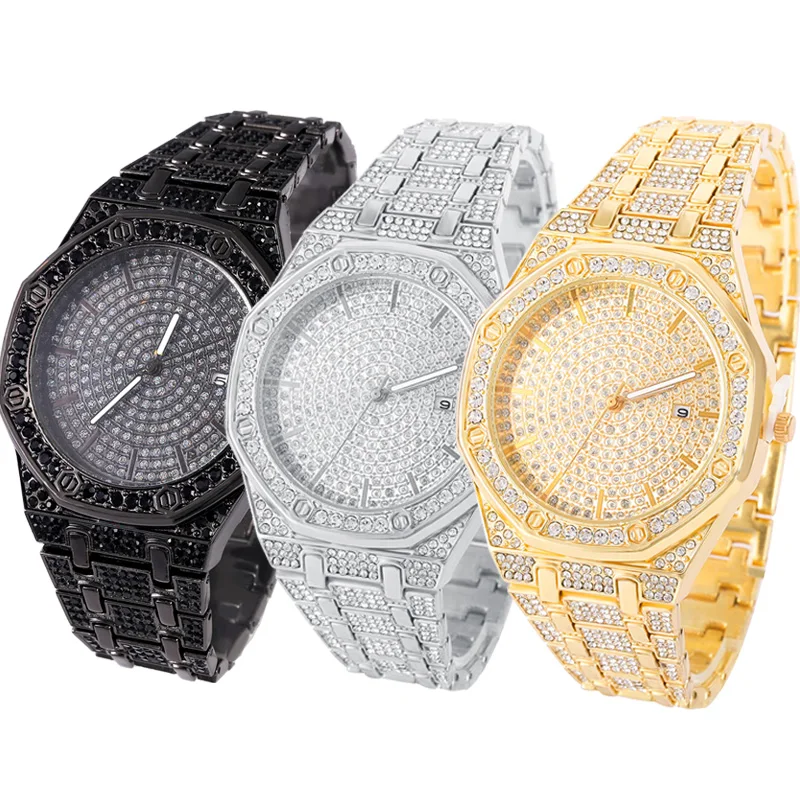 Часы мужские Кварцевые водонепроницаемые в стиле хип-хоп с фианитом |