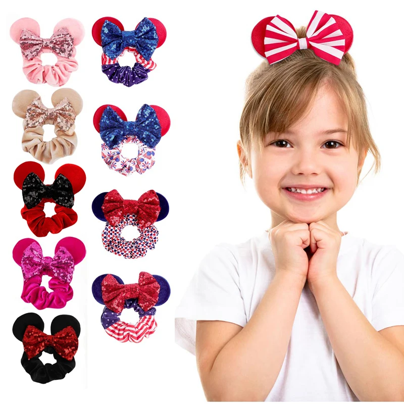 

July 4th Independence Day Pretty Mouse Ears Sequins Hair Bow Women Velvet Scrunchies Waist Hair Bands Headband For Girl 2022
