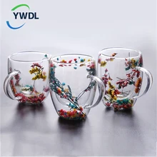 1/2pcs Fillings Dry Flowers Double Wall Glass Cup With Handle Heat Resistant Tea Coffee Cups Espresso Milk Mug Creative Gift