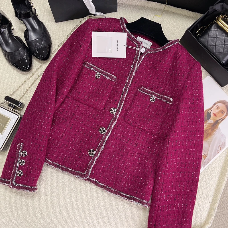 

22 Early Autumn Tweed Jacket Coat Women Woven Plaid Double Pockets Single Breasted Short Coat Vintage Dark Red Fashion Outwear