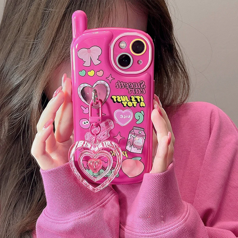 

Korea Cute Illustration Pink Heart Pendant 3D Phone Case For iPhone 14 13 12 11 Pro XS Max X XR 14 Plus Shockproof Soft Cover