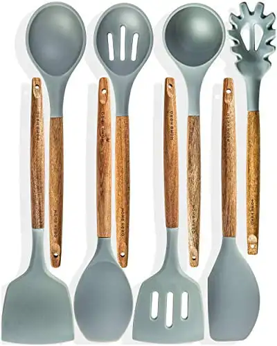 

Home Hero - Kitchen Utensil Set - Natural Acacia Wooden Cooking Utensils Set - Non Stick Silicone - 8pc