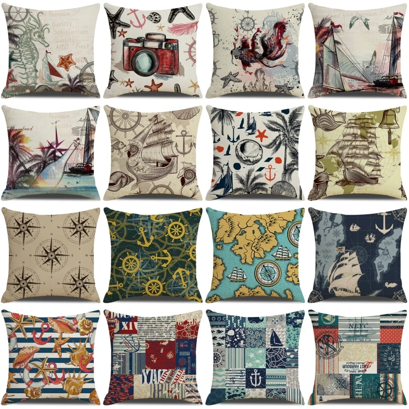 

Nautical Collection Printed Cuchion Cover ONE PIECE Pillow Case Ship Compass Anchor Nautical Map Pattern Pillows Pillow Cover