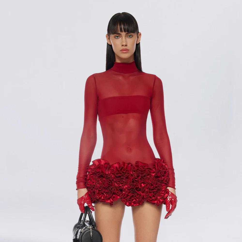 Красное сексуальное платье Spice Girl сетчатая перспектива обтягивающая мини-юбка с