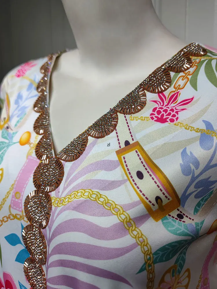 Floral Printed Abaya Arabic Long Dress Women Feather Cuff Bead Trim Eid Muslim Dresses Moroccan Caftan Gulf Jalabiya Dubai Abaya