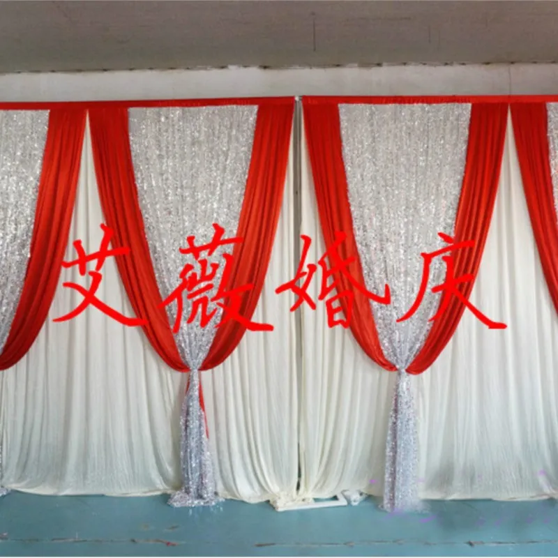 

3*6m wedding party ice silk fabric drapery White red Color with sequin swag stage prop fashion Drape curtain Backdrop