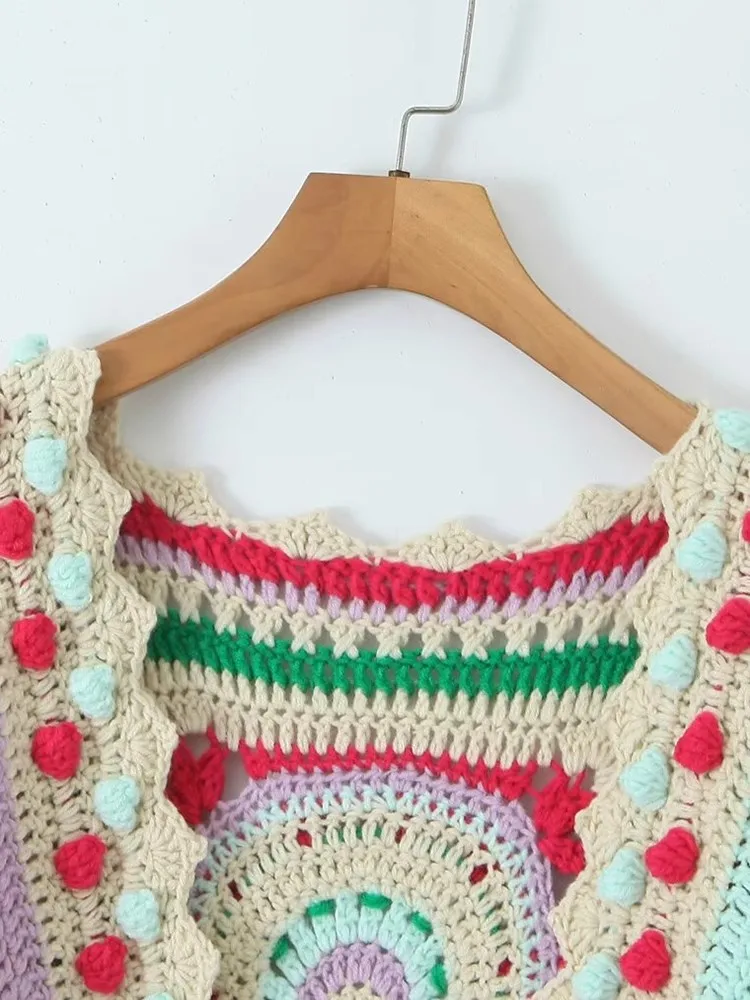 Женский винтажный свитер ручной работы вязаный крючком кардиган контрастных