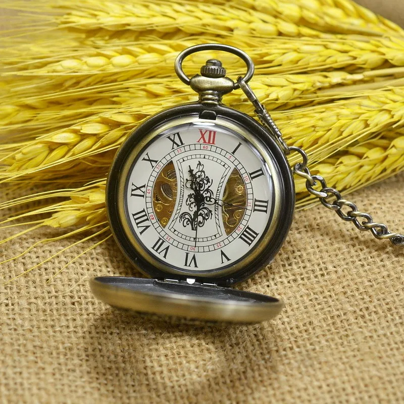 Luxury Vintage Mechanical Pocket Watch for Men Women Wood Grain Wave Roman Numeral Dial Fob Chain Pendant Clock for Collection