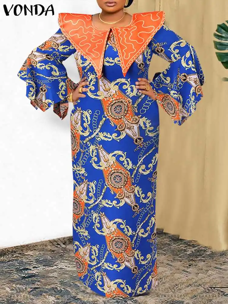 

VONDA Bohemian Maxi Dress Women Long Flare Sleeve Doll Collar Elegant Sundress 2022 Autumn Vintage Printed Casual Party Vestidos