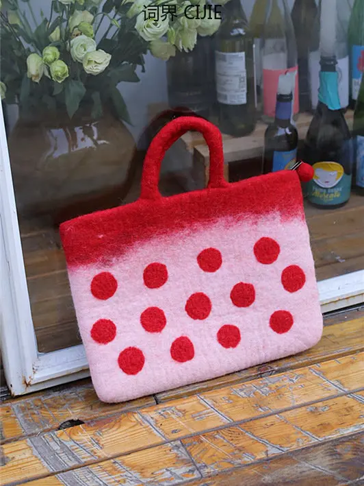 

CIJIE New Handmade Wool Felt Bag Handbag Strawberry Cute Literary Apple Computer Bag Handbags for Women