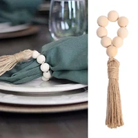 farmhouse wooden napkin rings rustic napkin ring holders wooden beads with tassels elastic napkin rings boho decor accessory