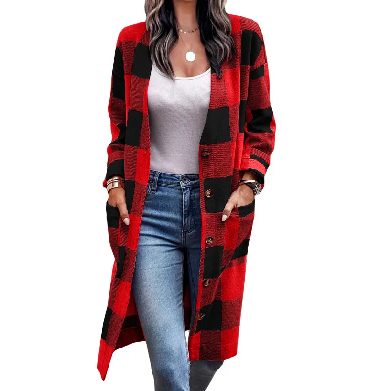 

Women's V-neck Plaid Cardigan Spring Autumn Loose Long Knit Jacket Long Sleeved Knit Sweater Casual Outdoor Women's Jacket