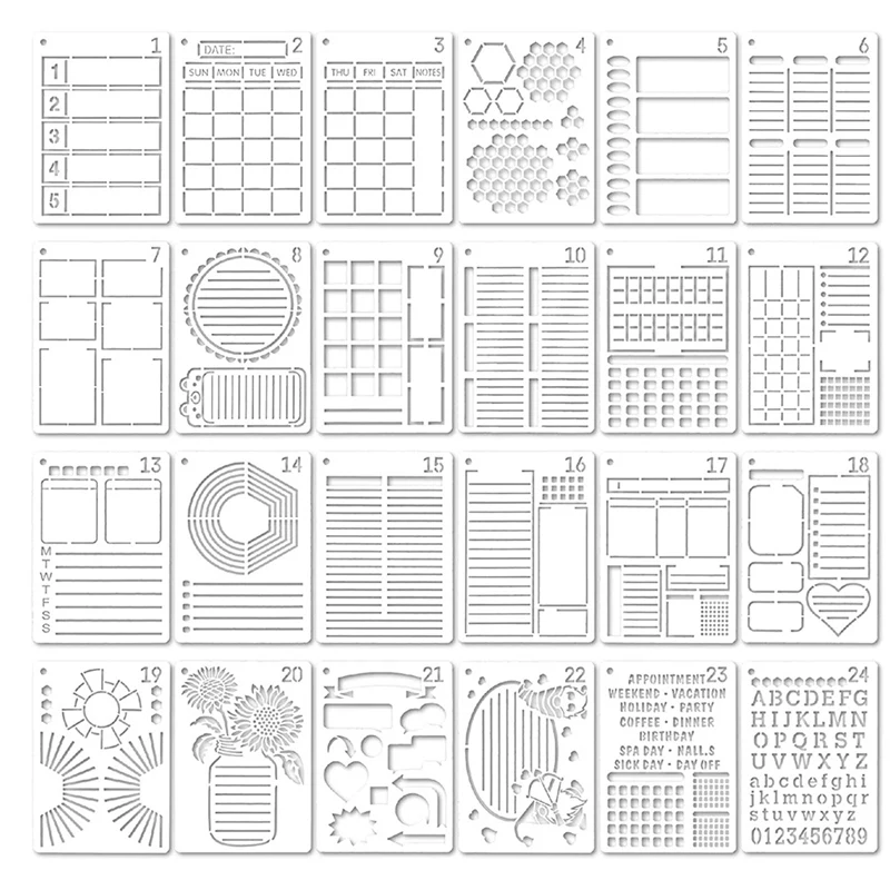 

24Pcs Journal Stencil Planner Set A5 Journal Productivity Template For A5 Dotted Journals, Time Saving Journals Supplies