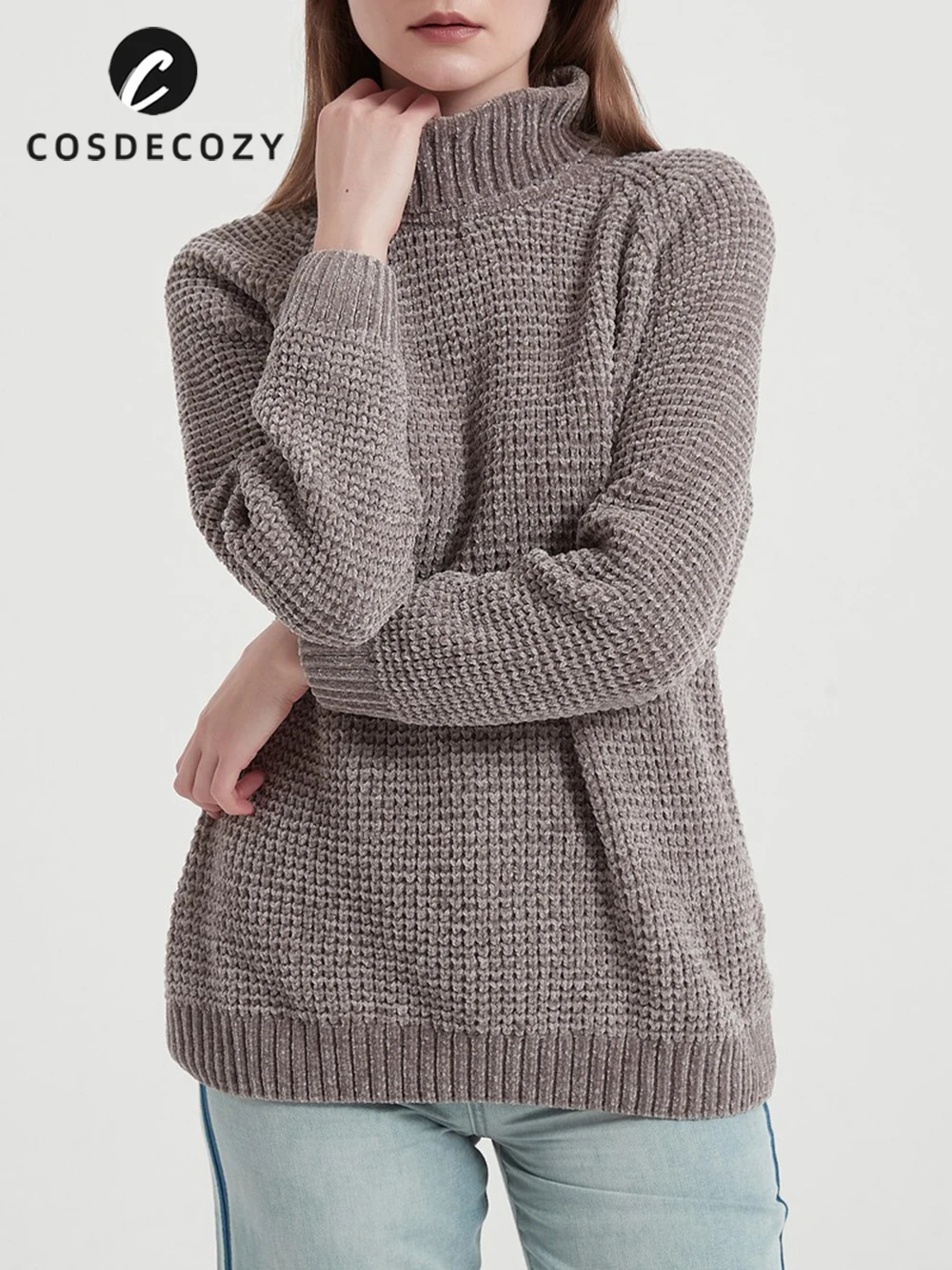 

Женский свитер с высоким воротником Cosdecozy, повседневный базовый джемпер из синели, одежда для улицы, зима-весна 2022