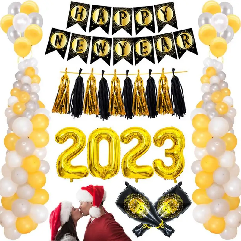 

2023 Happy New Year Decorations Set 16in Black And Gold New Year Party Decorations 2023 Beer Pull Flag Tassel Decoration Happy