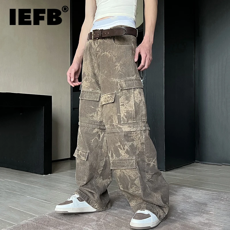 IEFB Men's Wide Leg Overalls Summer Trendy Washed Vintage Tie Dyed Street Pocket Straight Work Suit 2023 New Cargo Pants 9C590