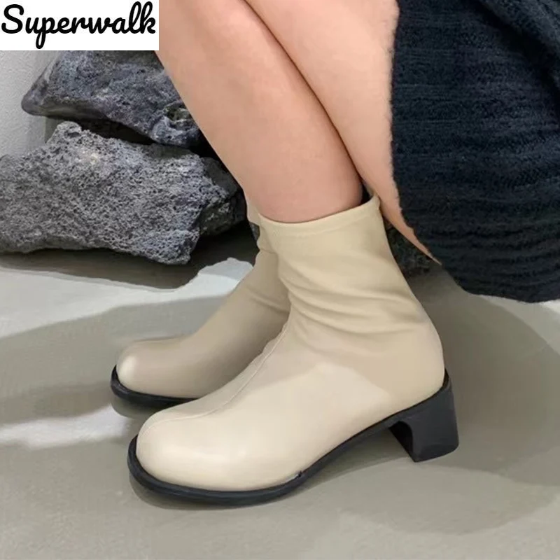 

Женские ботильоны из мягкой кожи с квадратным носком на среднем каблуке Женская Удобная Повседневная модная обувь 2021