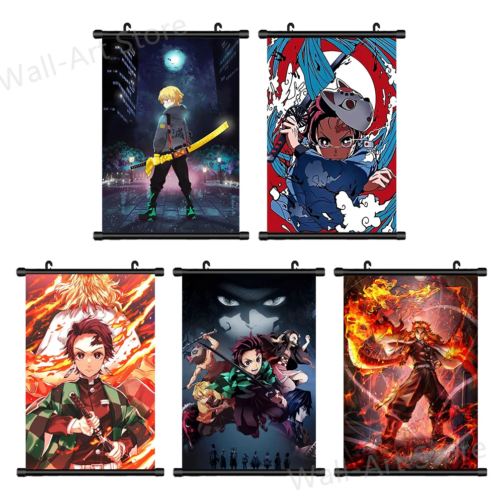 

Anime Demon Slayer Hanging Scroll Painting Figure Nezuko Tanjirou Zenitsu Inosuke Wall Poster Canvas Picture Wall Art Home Decor