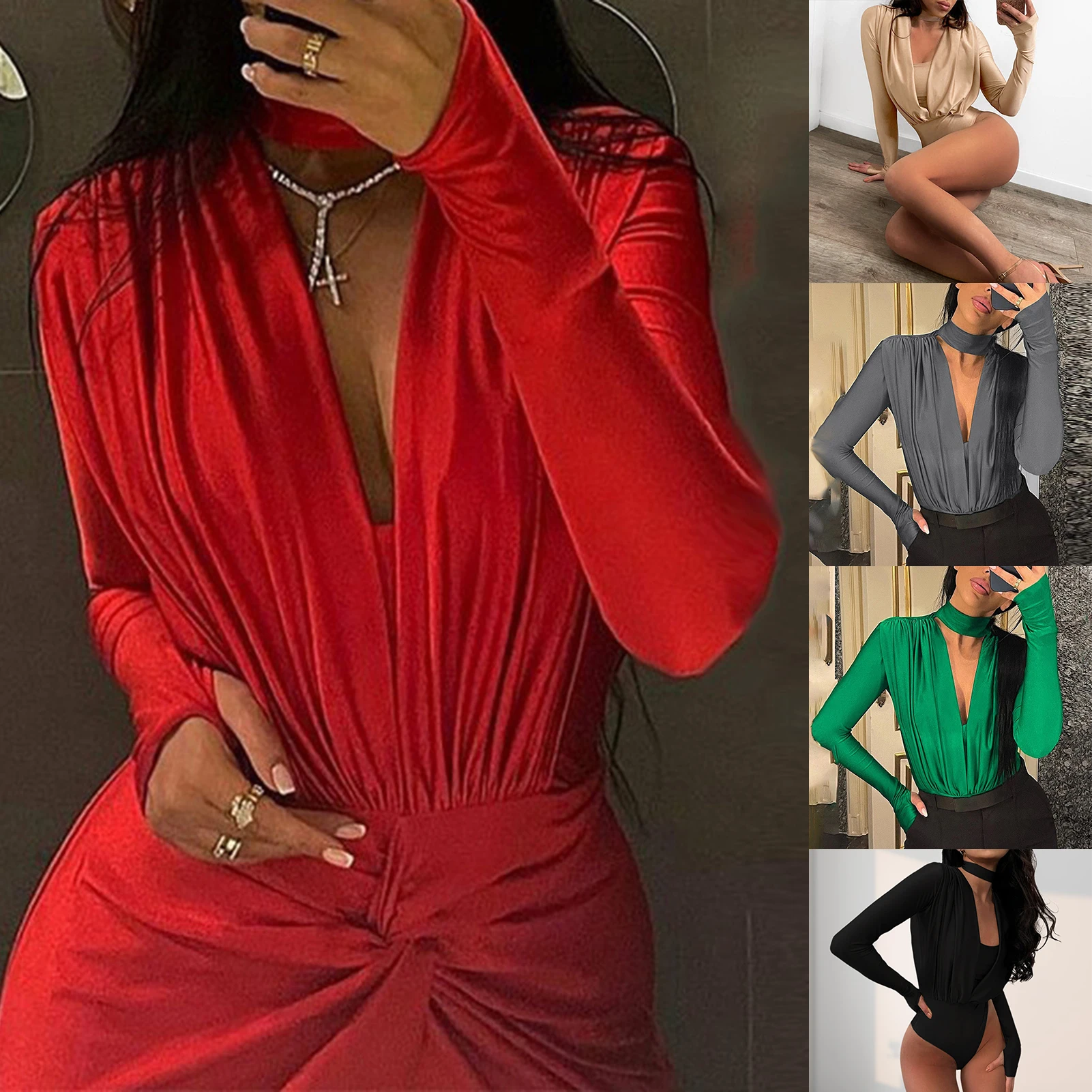 

Women Short Playsuits Slim Fit Ladies Bodycon Playsuits Sexy Style Silk Tunic Jumpsuit Long Sleeve Deep V Neck Beachwear Outfit