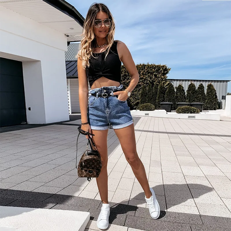 New rolled-up elasticated waistband hip jeans women's shorts high waisted shorts denim shorts