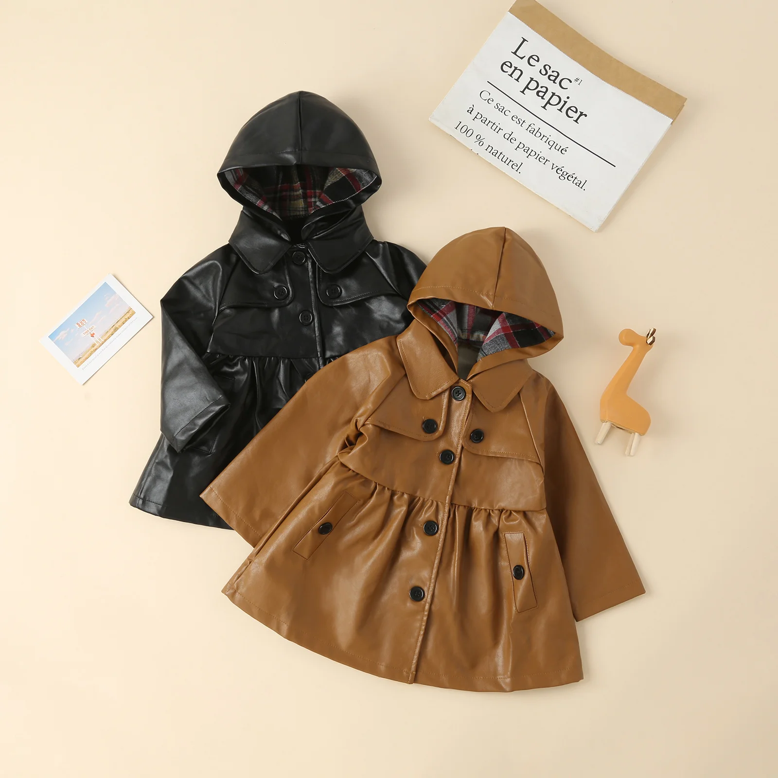 

Fashion Kids Girls Hooded Jacket Cute Solid Color Pu Leather Long Sleeve Button Closure Fall Casual Outwear for Autumn Winter
