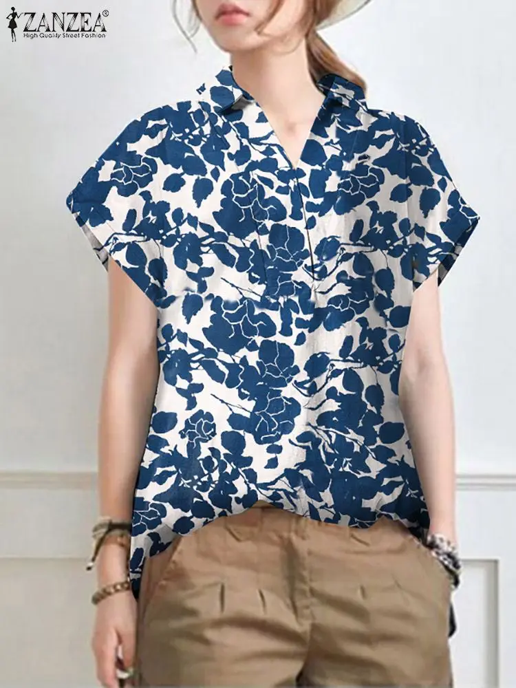 

Лето 2023, богемная рубашка ZANZEA с коротким рукавом, винтажные пляжные блузы, женская блузка с цветочным принтом, повседневные праздничные топы с отложным воротником