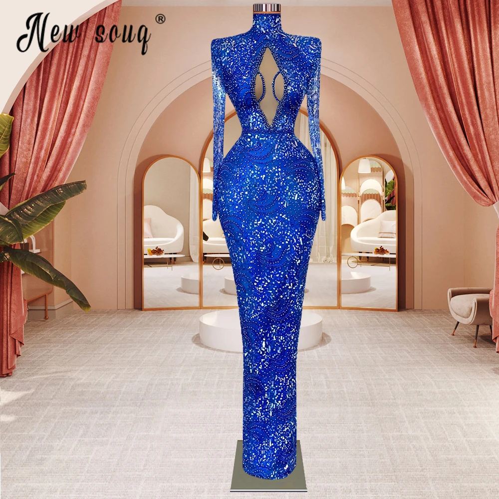 

Dubai Muslim Long Sleeve Royal Blue Evening Dress Beading Crystals Mermaid Wedding Party Gowns Custom Made Robes De Soirée