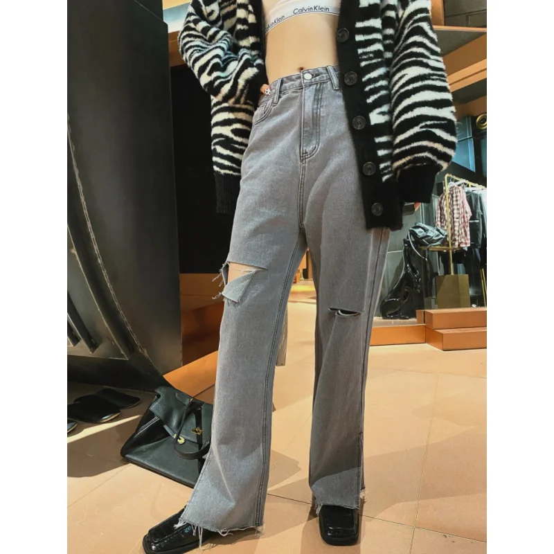 

Women Grey Jeans Worn-out Vintage Straight Baggy Pants Chic Design Streetwear Fashion Y2K Style Denim Summer Wide Leg Trouser