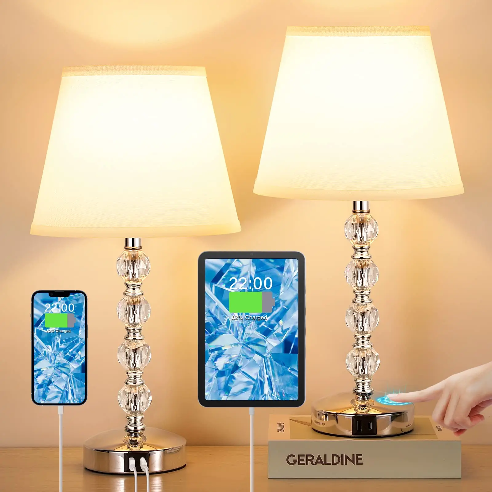 

Rechargeable Lamps for Bedside Touch Control Crystal Table Lamp Bedroom Light with USB Charging Ports Lampshade Writing Lamp