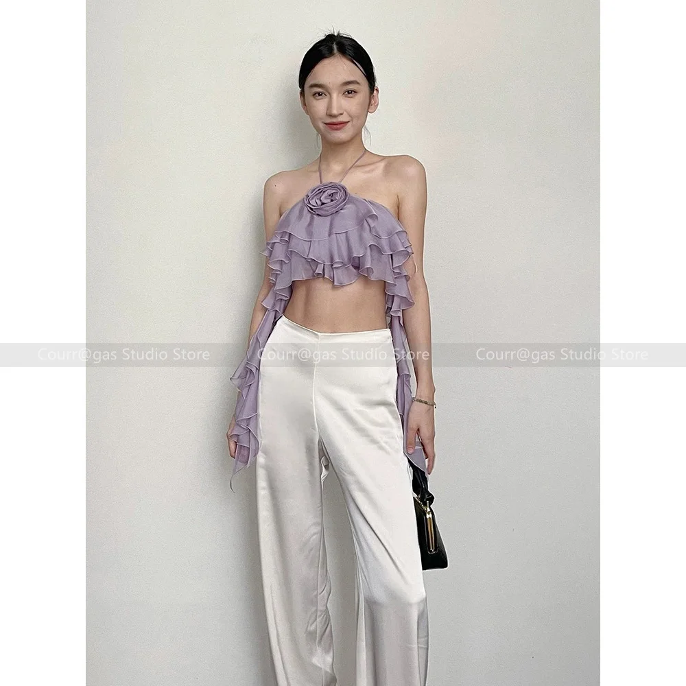 Женский летний короткий топ с рюшами и цветочным принтом