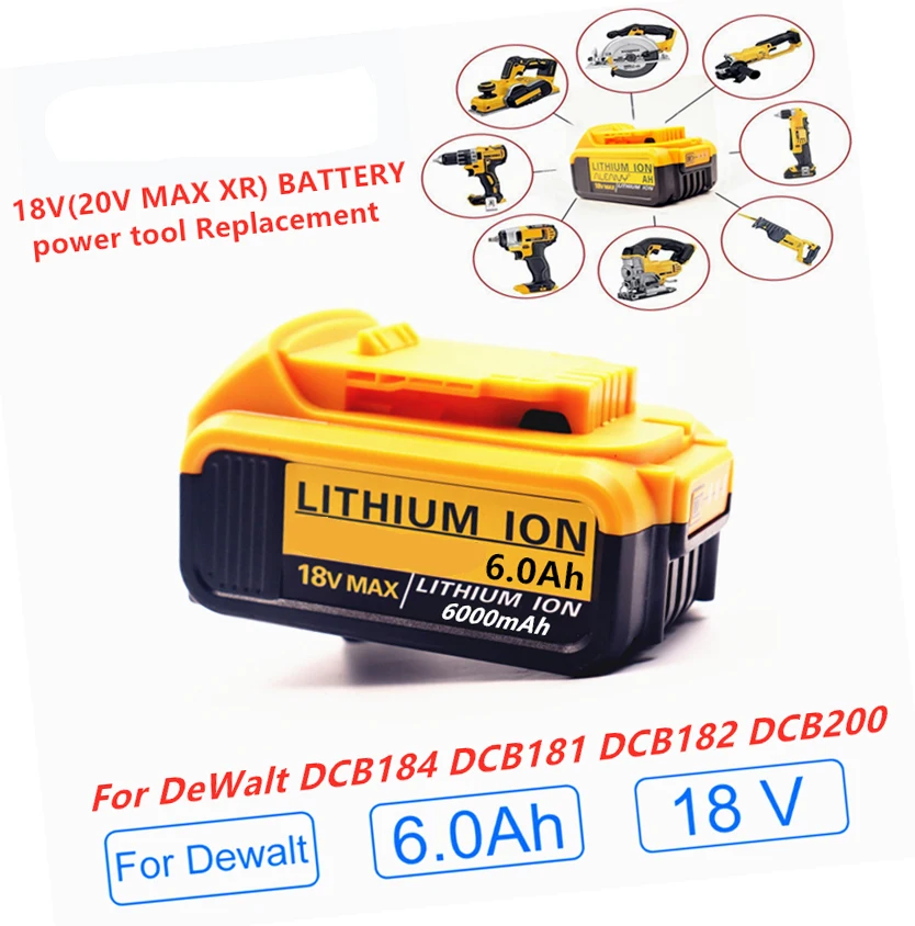 

With Charger 18V 6.0Ah MAX XR Battery Power Tool Replacement for DeWalt DCB184 DCB181 DCB182 DCB200 20V 6A 18Volt 18 v Battery