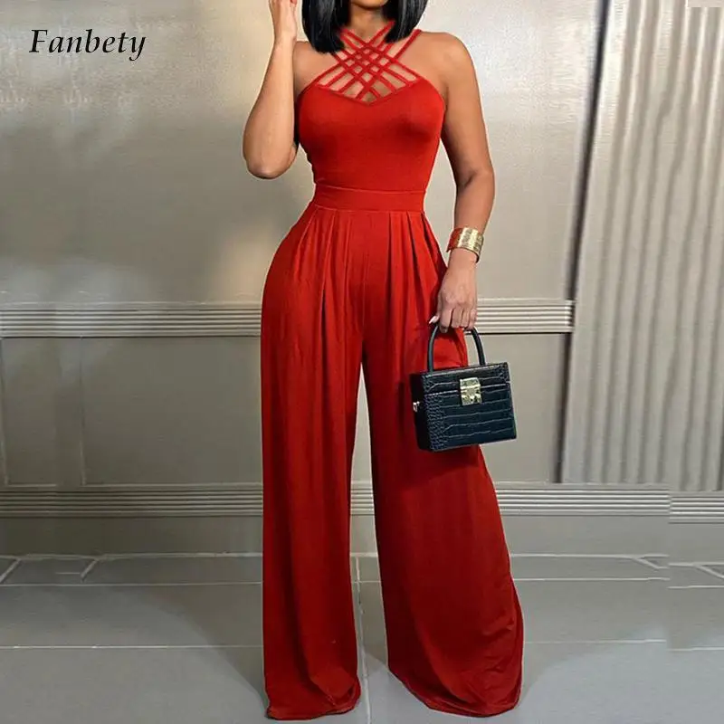 

Office Fashion Loose Straps Jumpsuit Women Sexy Criss-cross Bandage Long Romper Summer Casual Wide Leg Solid Playsuits Overalls