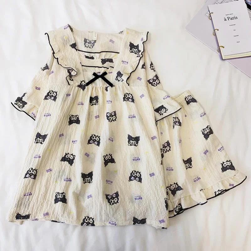 Cute Pajamas Set Short Sleeve T-shirt Shorts 2Piece/Set Sweet Cartoon Print Bow Pyjama Big Size Mom Homewear Cozy Plus Sleepwear