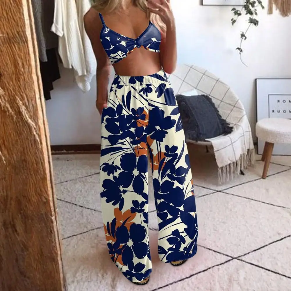 

Two-piece Clothes Set Women Crop Tops Suit Straight Leg Polyester Long Fashionable Sling Top Wide Leg Pants Set Daily Wear