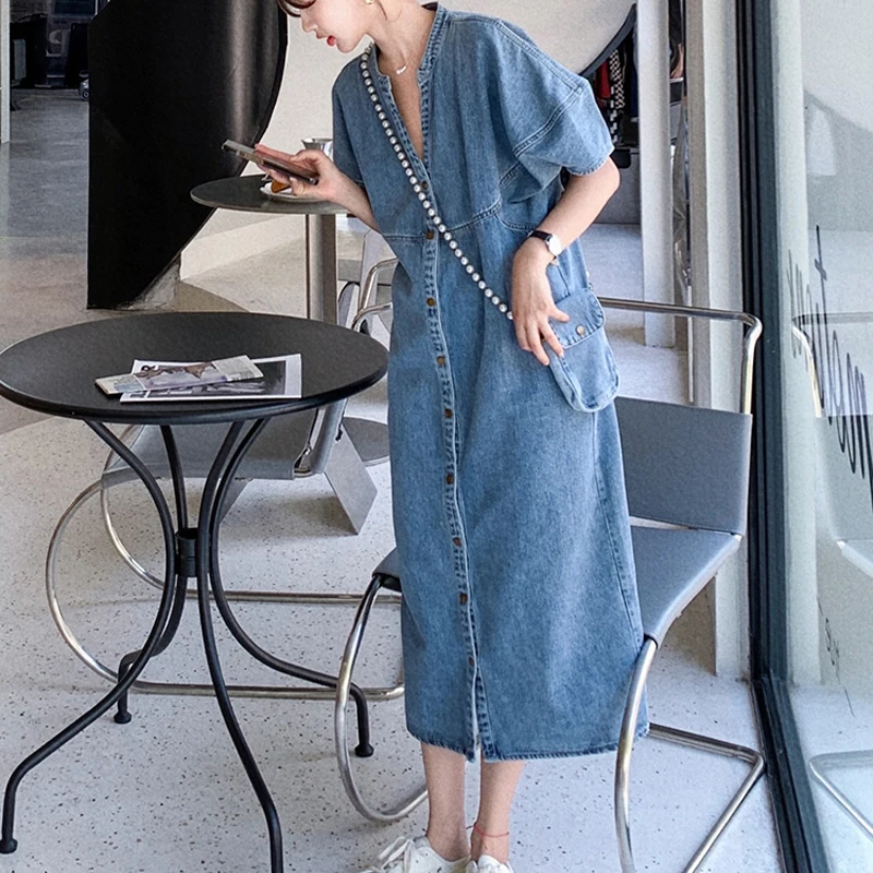 

Hong Kong Style Vintage 2023 New Summer Simple Fashion Thin Section All-match Loose Short Sleeve Denim Mid Length Dress Z413