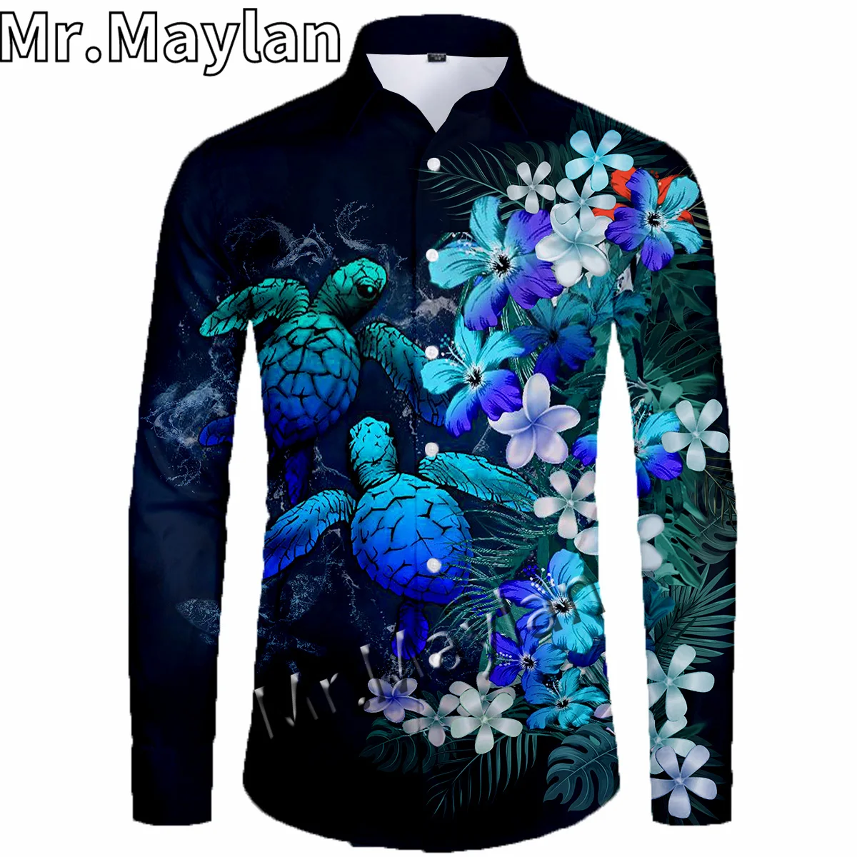 

Мужская гавайская рубашка с длинным рукавом, с 3D-принтом морской черепахи, размеры до 5XL